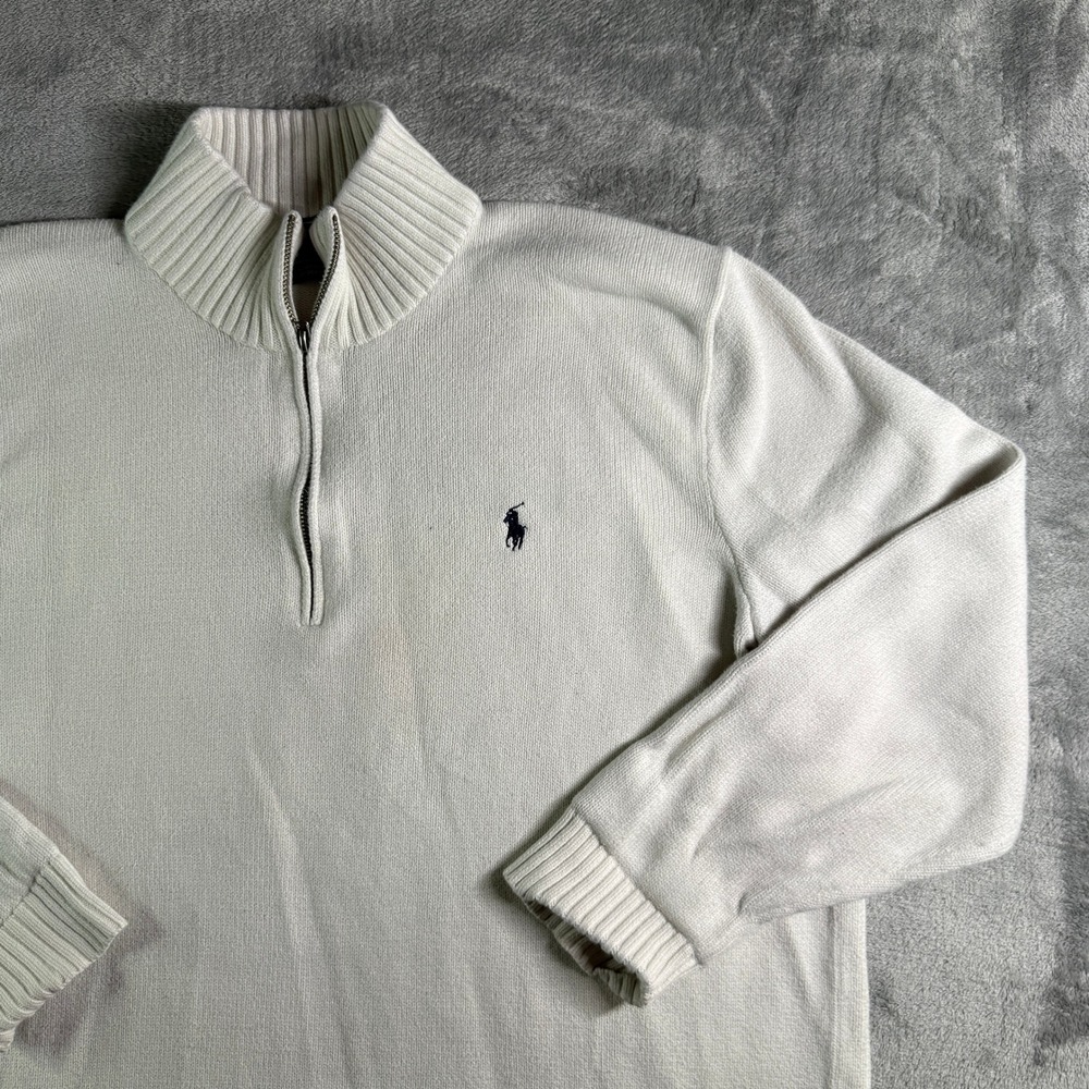 Polo Ralph Lauren Mens XXL Quarter Zip Mock Neck Ribbed Sweater Cream Cotton